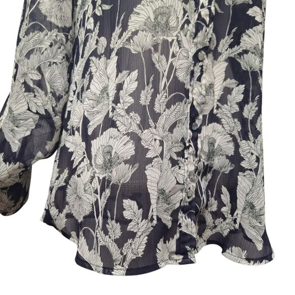 Liz Claiborne Sheer Top Button Down Blue Floral Long Sleeve Medium Blouse - Picture 12 of 13